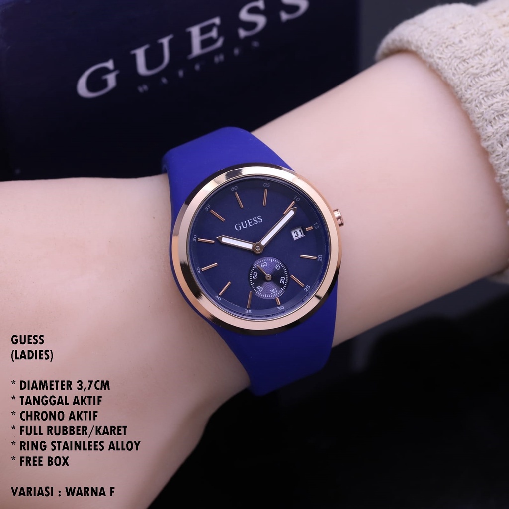 (BISA COD) JAM TANGAN WANITA GUESS TALI RUBBER BODY BULAT TANGGAL &amp; CHRONO AKTIF