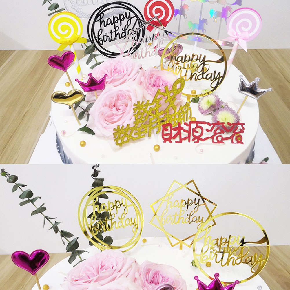 [TK] Topper Kue Tulisan Happy Birthday Bahan Akrilik Warna Silver / Gold untuk Dekorasi Pesta Ulang Tahun