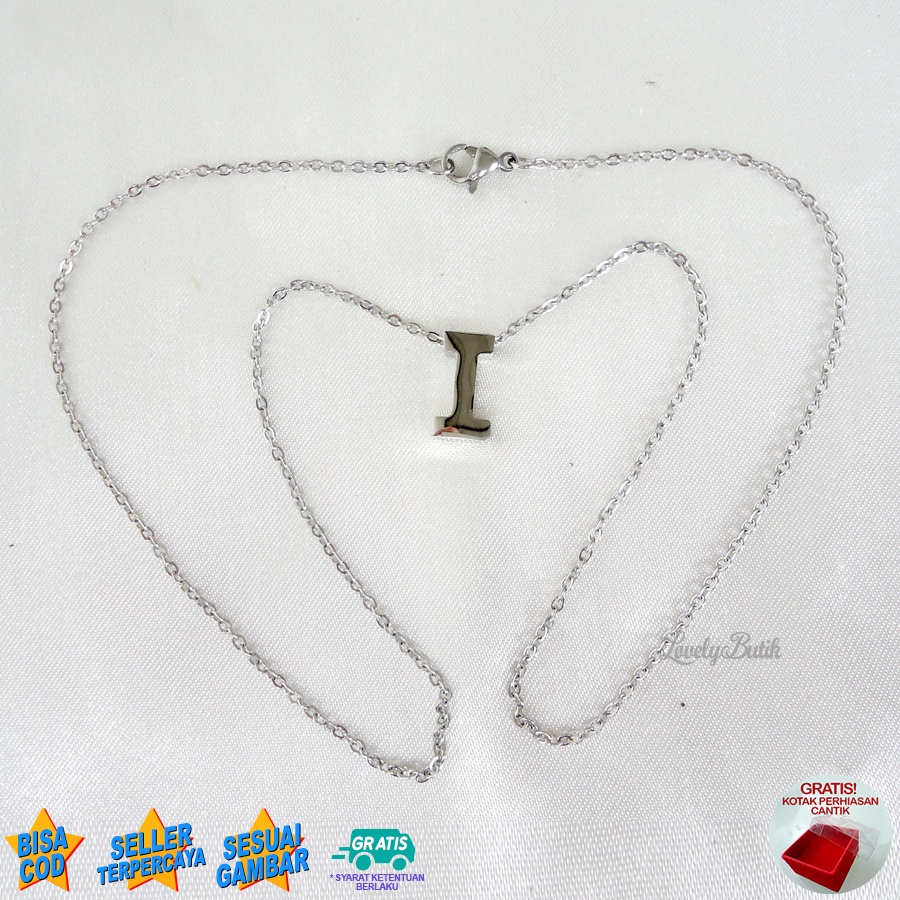 Lovelybutik Kalung Titanium Huruf Abjad Nagita 4ccent Kalung Alfabet Inisial B-I Titanium Silver Bonus Kotak Perhiasan