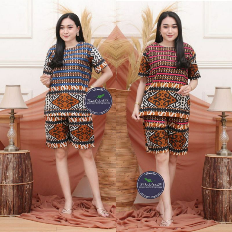 SET SETELAN BLOUSE LENGAN PENDEK CELANA PENDEK BATIK MOTIF SONGKET TENUN PRINT MODERN MURAH