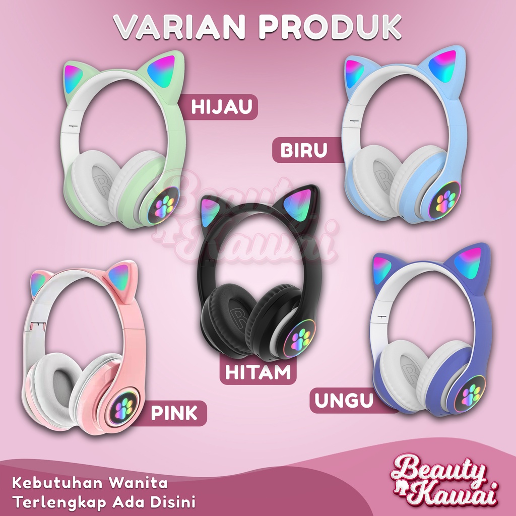 Headset Kucing LED TWS Bluetooth 5.0 Headphone Extra Bass