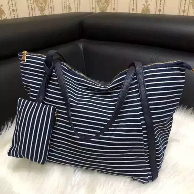 Tas fashion korea tote bag / stripe nylon tote bag / tas strip nylon bag / tas awkarin / tas kerja