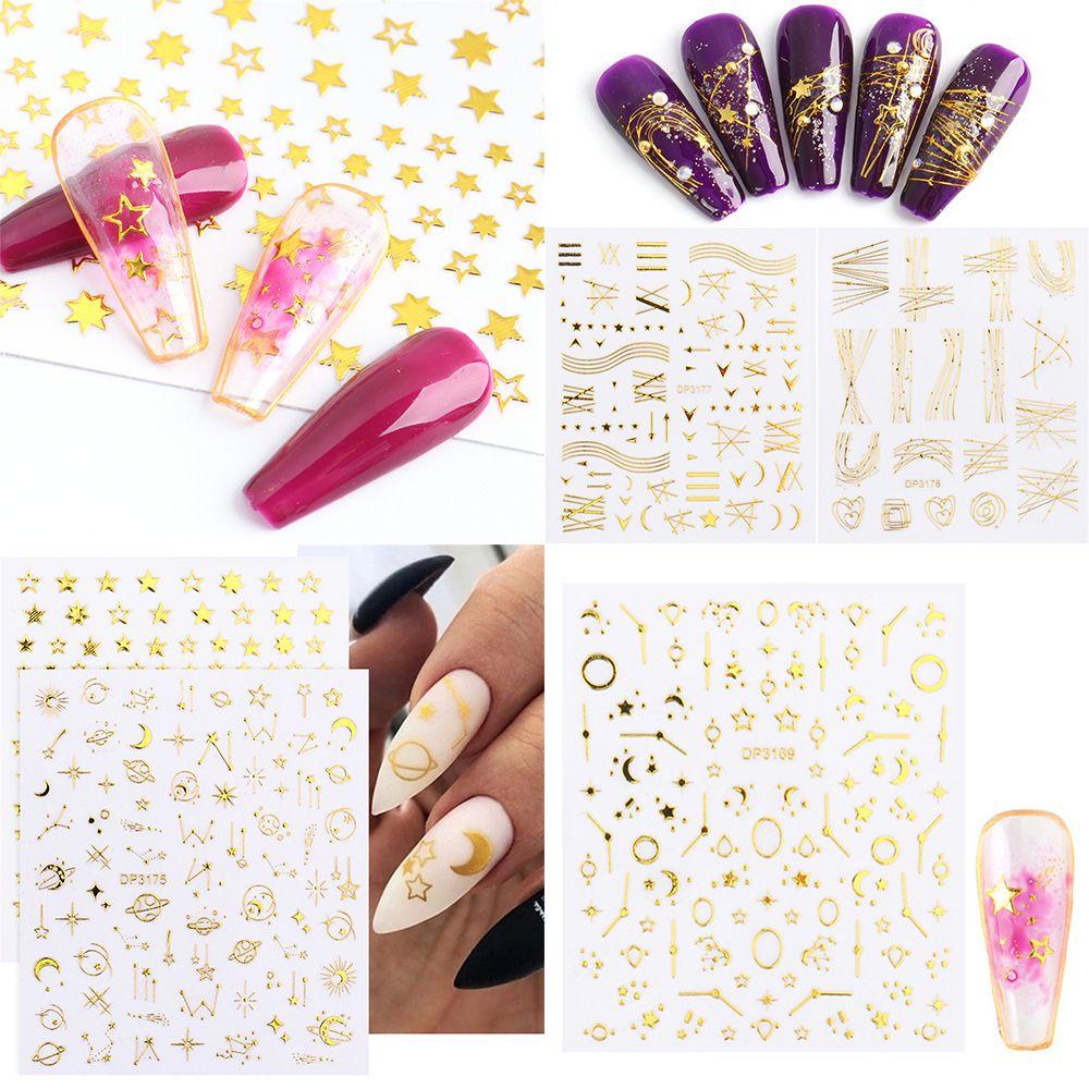 Solighter 3D Stiker Kuku Nail Art Silver Gold Waved Lines Stripe Transfer Stickers