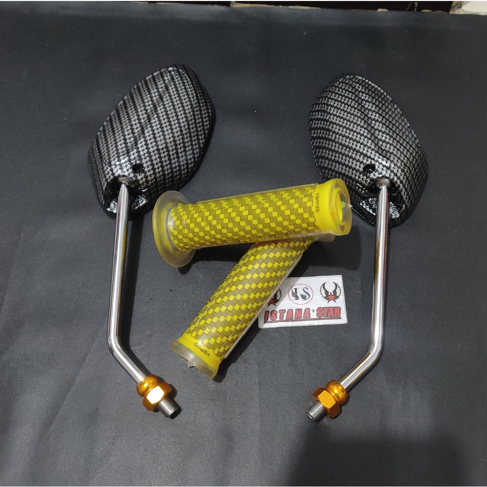 Spion Beat Carbon Karbon tangkai Crum Chrome + Handgrip Karbon KUNING (paket 2 item)