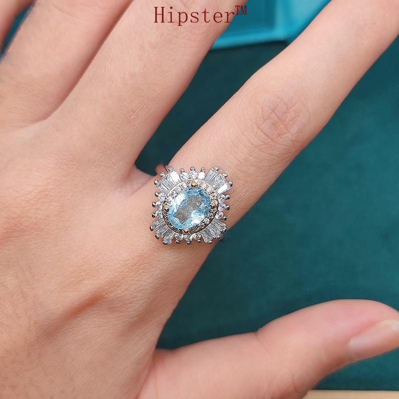 Natural Blue Topaz Ring Creative Opening Women