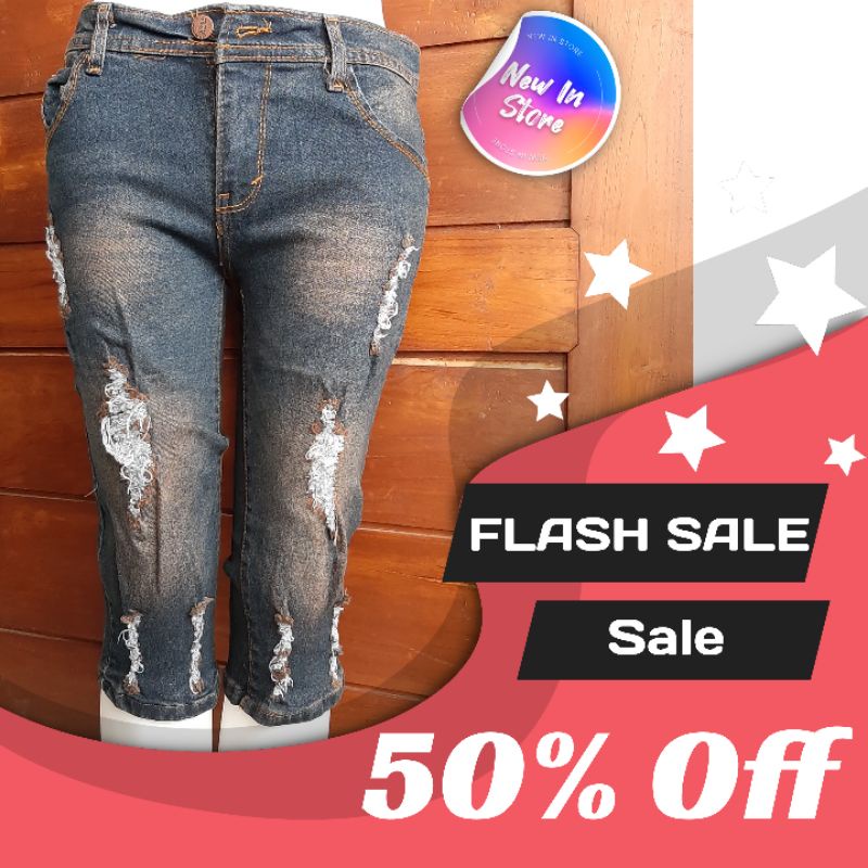 celana jeans 7/8 wanita celana pendek sobek wanita streeth