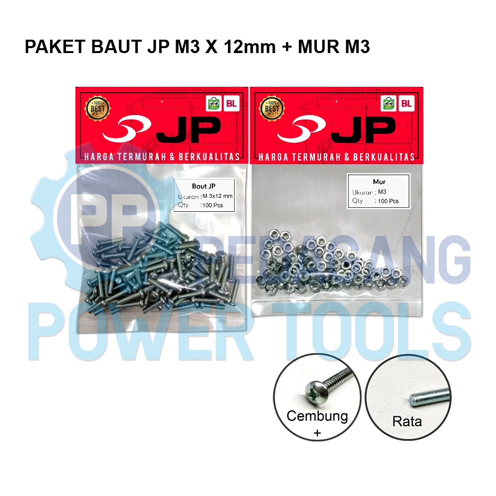 PAKET 2 SET BAUT MUR 3x12 BAUT JP M 3 x 12 MM MUR M3 SKRUP ISI 100 PCS