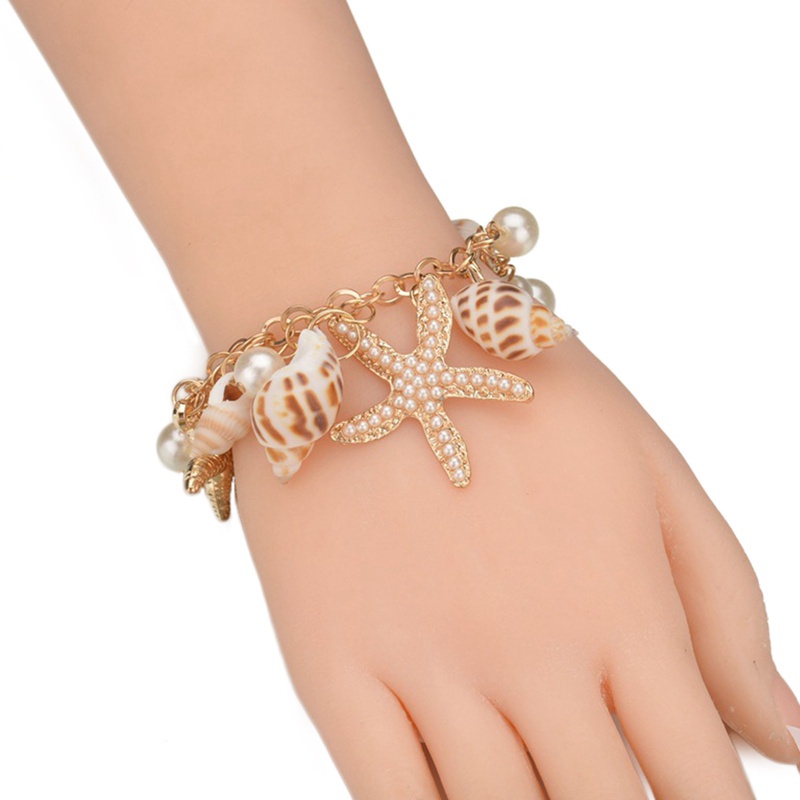 Ocean Style Multi Starfish Sea Star Conch Shell Pearl Chain Beach Bracelet Bangle