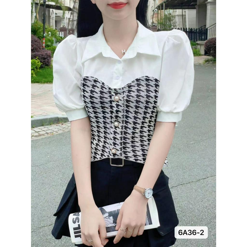 Viza Top Blouse Cotton Mix Knit - Atasan Baju Kerah Wanita Rajut Katun Houndstooth - TM (6A36-2)