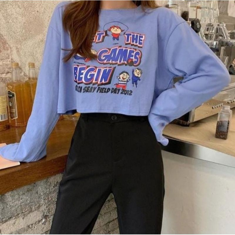 Kaos Lengan Panjang Wanita Korea Print Tshirt Warna Biru
