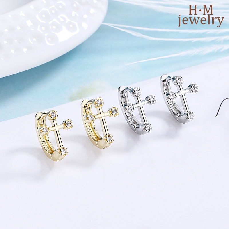 Anting Tusuk Motif Salib Simple Bahan Sterling Silver 925 Untuk Wanita