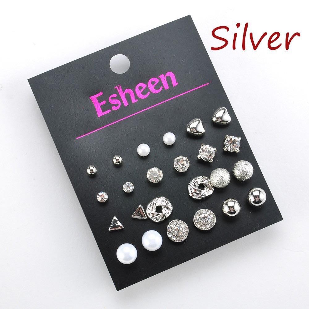 Anting 12 Pairs Satu Set Pearl Crystal Stud Triangle Bar Ear Ring Set Jewelry 12  Pasang Model Murah AF012-SILVER