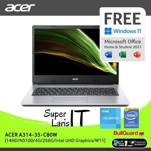 Acer Aspire 3 Slim A314 35 C80W Celeron N5100 4GB 256GB 14" HD W11 OHS