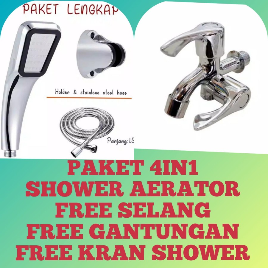 paket 4 in 1 shower 300 lubang set free kran cabang selang 1.5m holder