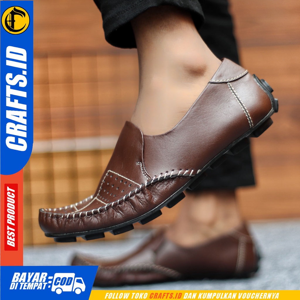 Sepatu Slip On Pria Sepatu Casual Pria Kulit Asli Kerja Kantor Kuliah Kondangan Sepatu Slop Pria Sepatu Hitam Pria CRAFTS GRACKO