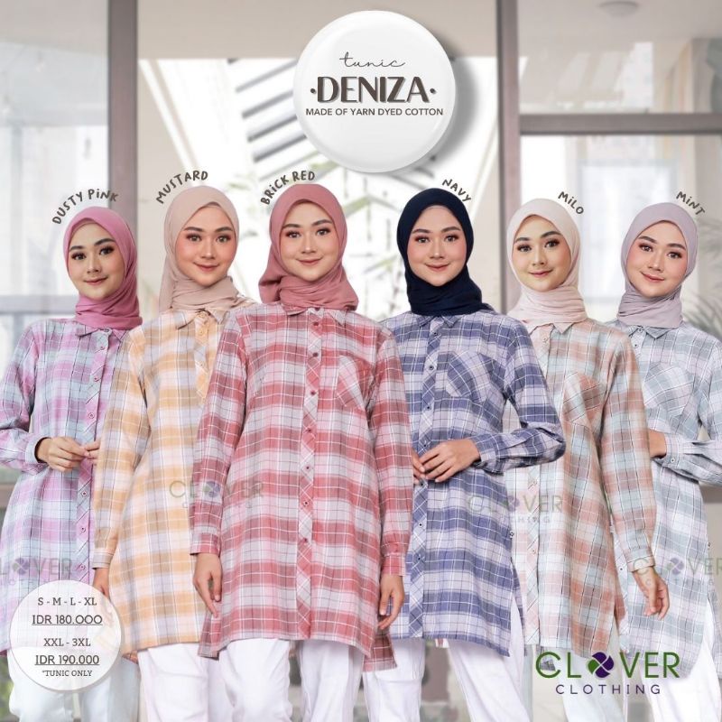 Tunic DENIZA by Clover Clothing,Tunic kemeja wanita panjang bermotif kotak, atasan wanita