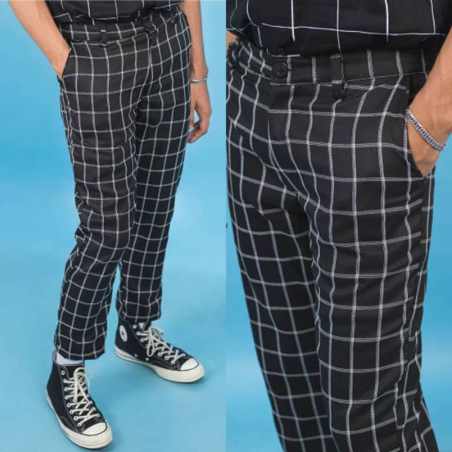 Black box tartan  pants  celana  tartan  celana  panjang 