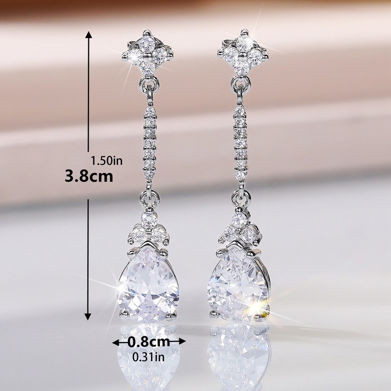 Anting Tusuk Gantung Wanita Hias Kristal Cubic Zirconia Warna Silver Untuk Pernikahan