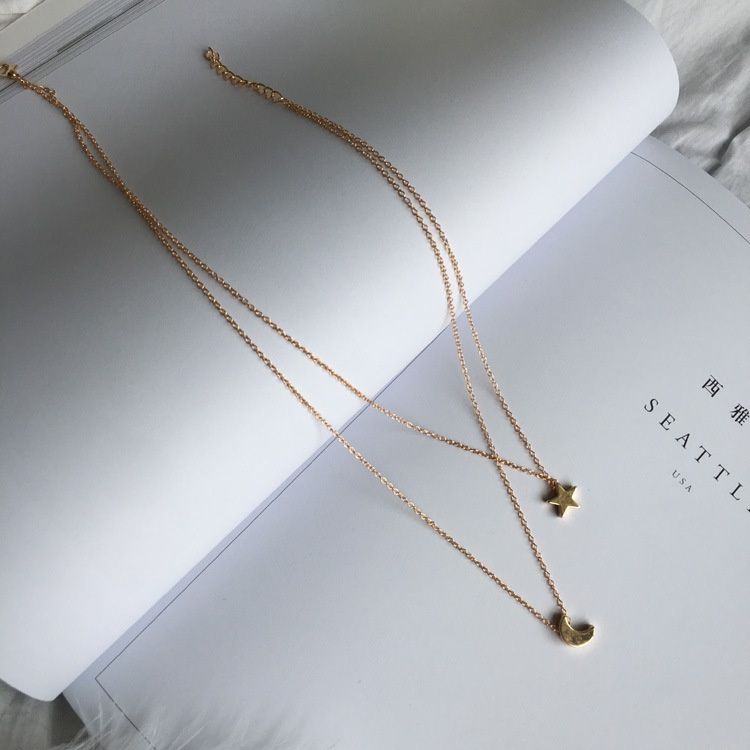 Korean Star Moon Pendant Necklace Double Clavicle Chain Gold Silver Color Short Choker for Women