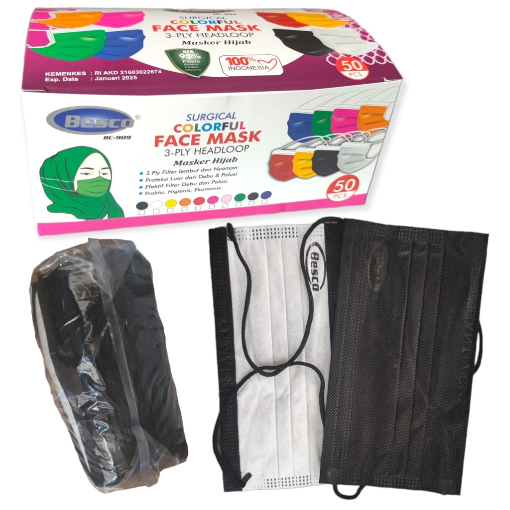 MASKER 3PLY HITAM BLACK PP 50 NON WOVEN EARLOOP HIJAB DISPOSABLE FACE MASK ISI  50 PC