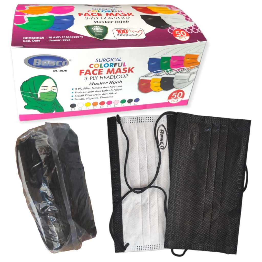 MASKER ONCARE 3PLY EARLOOP &amp; HIJAB FULL BLACK HITAM - PUTIH EDITION ISI 50