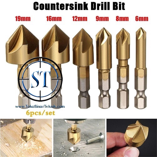 6 Pcs Mata Bor Countersink 6 Flute Titanium Coated Wood Drill Bit Set High Quality Tebal Besi Kayu