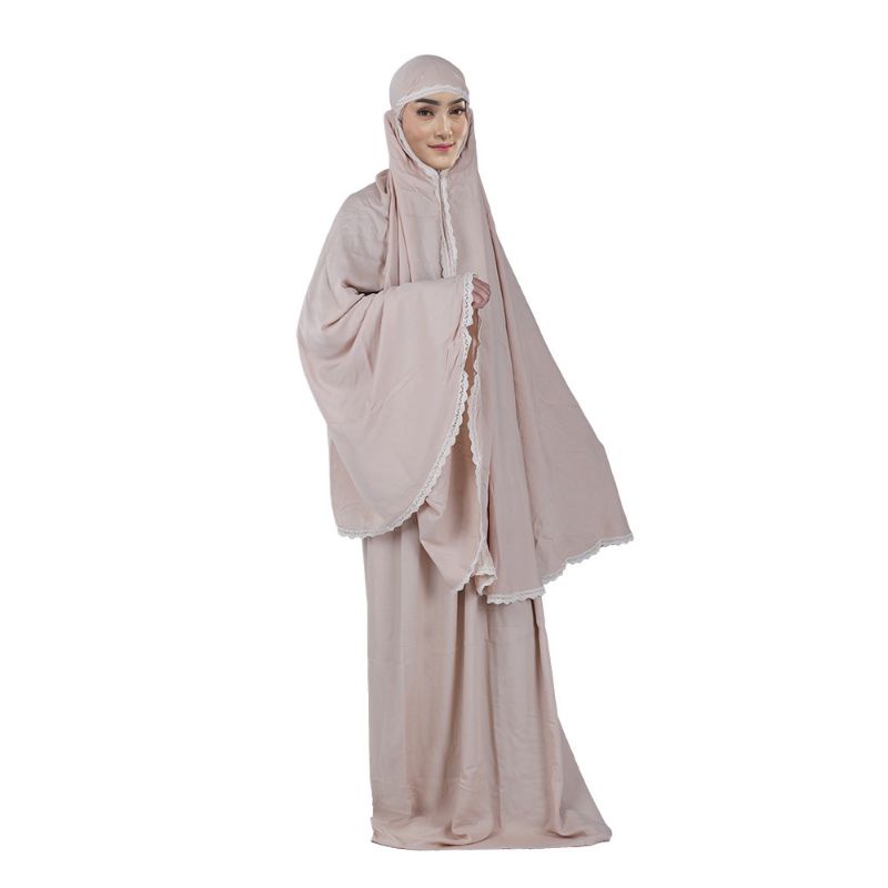 Mukena Sholat Renda Wanita Dewasa Resleting Cantik Mocca Model Terbaru Rayon Premium Cantik Adem