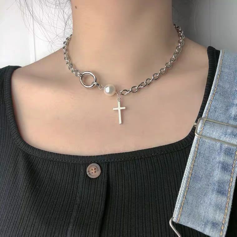 Korea U Pearl Cross Chain Splicing Necklaces Temperament Wild Clavicle Chain Necklace