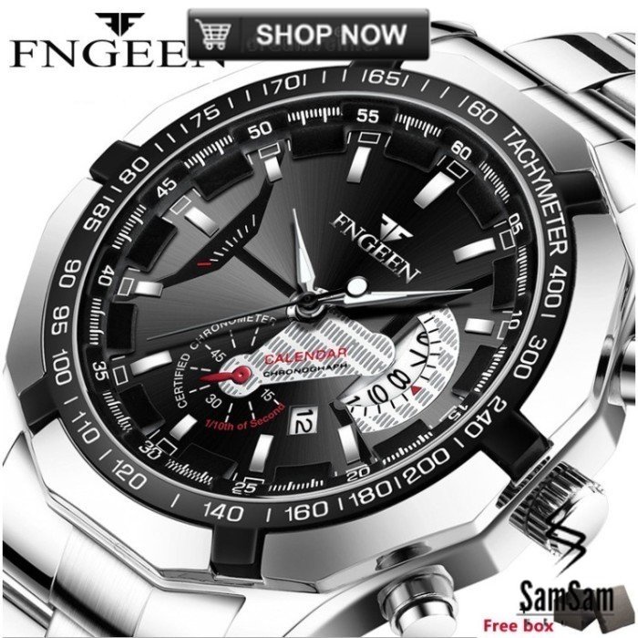 Jam Tangan Pria FNGEEN S001 Tahan Air Kotak gratis 100% Original - silver
