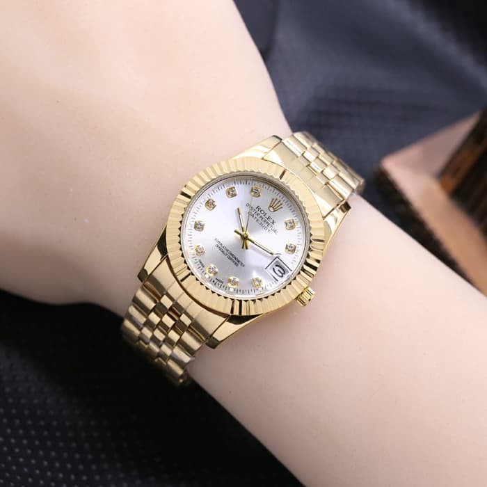 Jam Tangan Wanita / Cewek Murah Original Rolex Oyster Tanggal Aktif Gold White Rantai Terlaris
