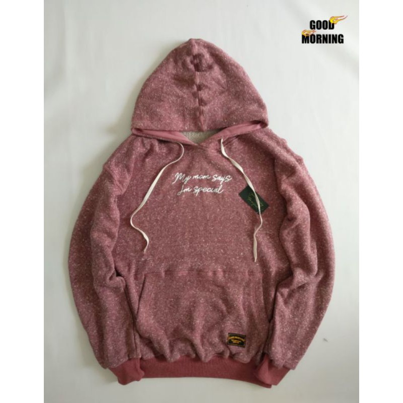 GOOD MORNING SWEATER HOODIE cewek cowok Sweatshirt dull pink motif word art seri GM1124