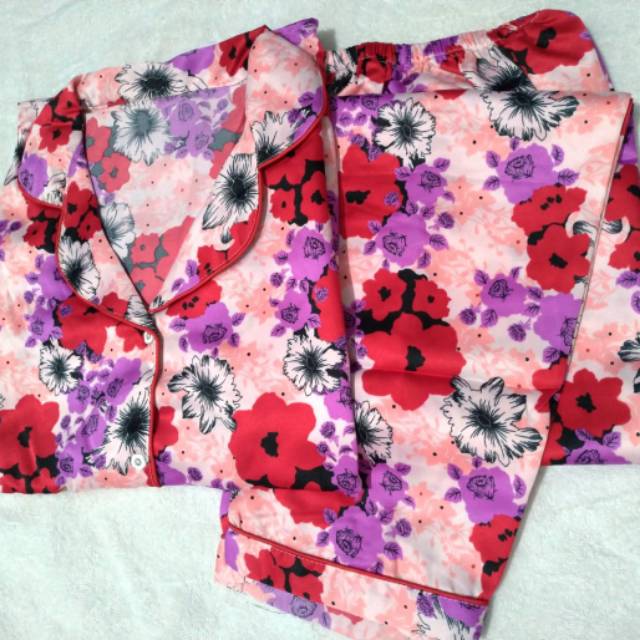 Baju tidur piyama wanita setelan celana panjang satin motif bunga