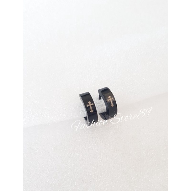 Ready Import Anting Jepit Ukiran Salib Titanium Black Pria Wanita tercantik fashion Impor Titanium