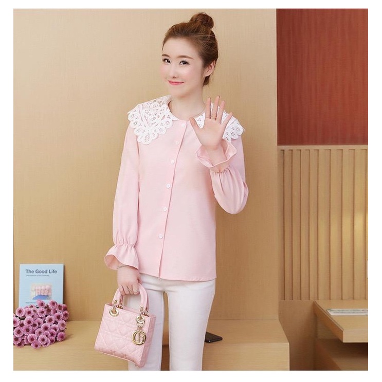 Ios Shop - Qiandra Blouse Wanita Lengan Panjang Kantor Korean Ramadhan Muslim Hijab OOTD Lebaran Ramadan Kekinian Korea Casual-Pink