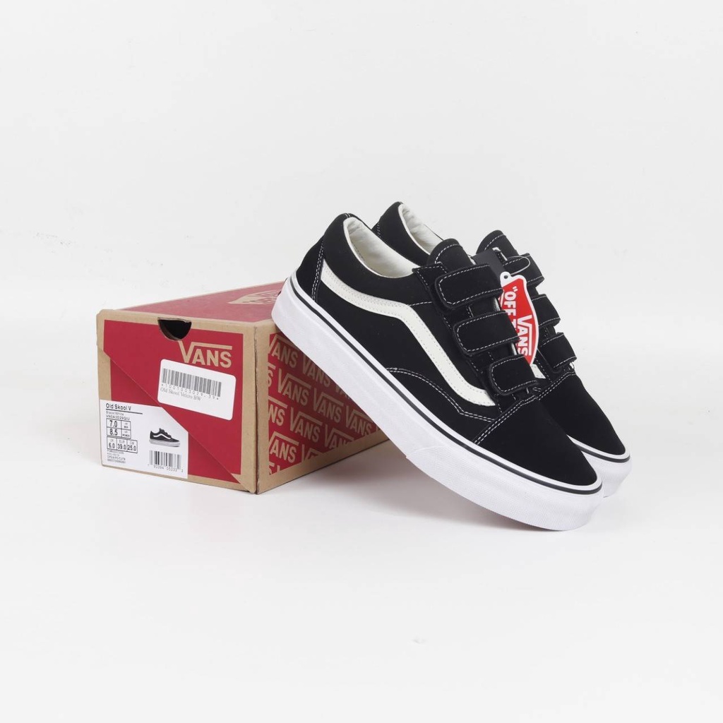 sepatu vans oldskool velcro black white x original global bnib full tag barcode bahan leather kulit 
