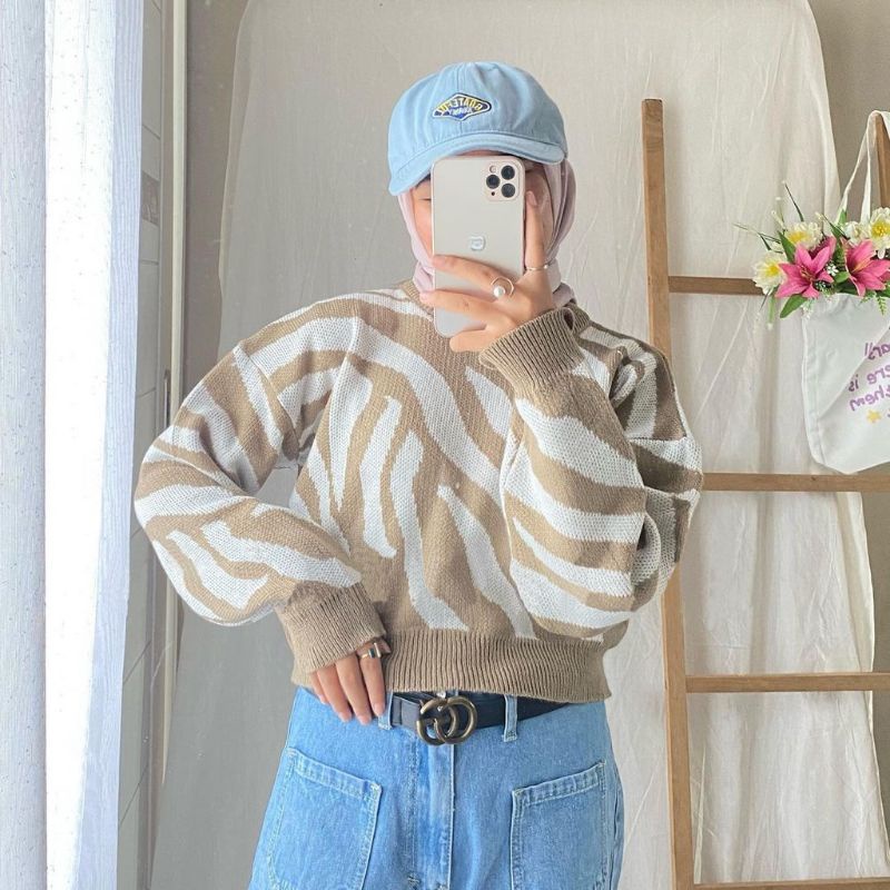 SWEATER RAJUT CROP BAJU ATASAN WANITA MOTIP ZEBRA BAHAN HALUS TEBAL (PREMIUM) ALL SIZE M FIT TO XL