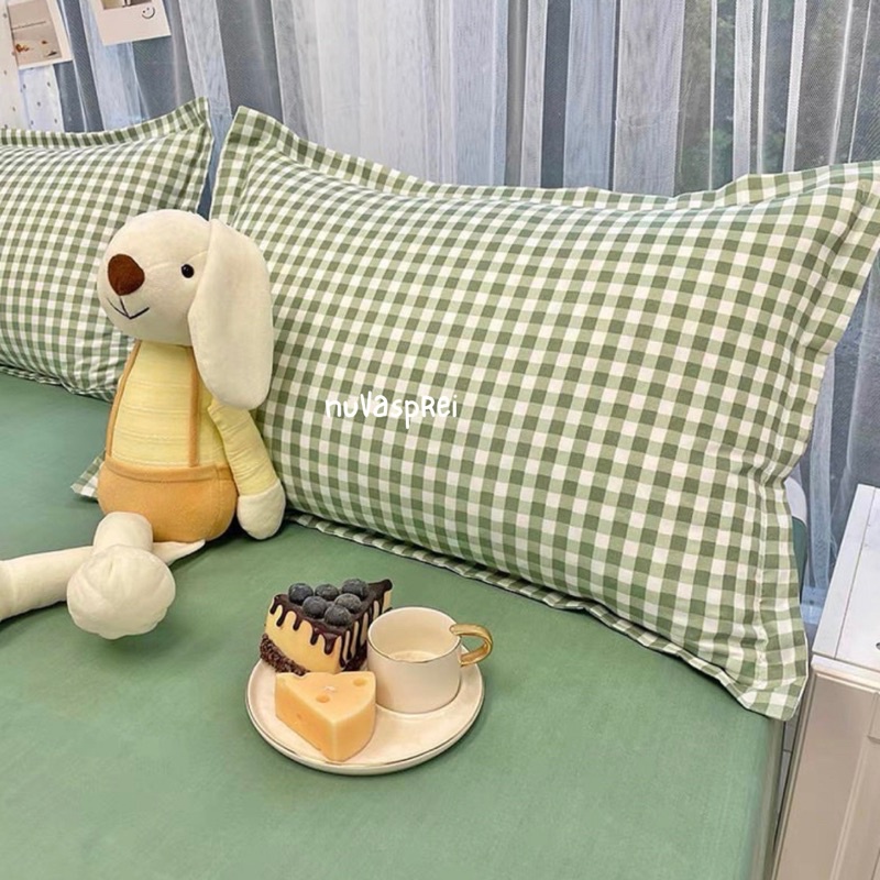Sprei gingham aesthetic green | sprei kotak-kotak homemade | sprei bahan katun lokal premium