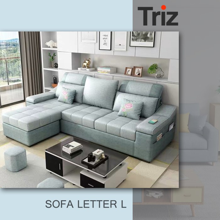 sofa minimalis l 3 seater furniture minimalis warna biru bonus meja minimalis [Triz Furniture]