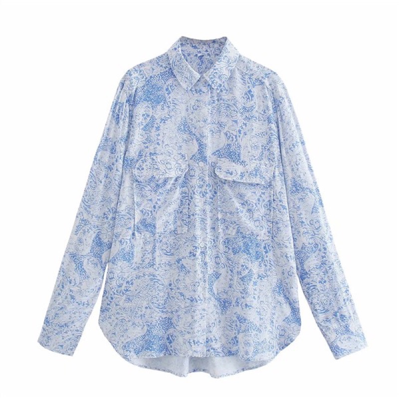 Kemeja Lengan Panjang Biru Langit Import Motif Paisley