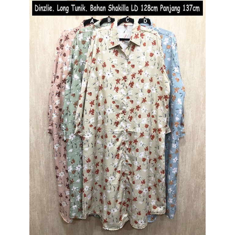 DINZLIE LONG TUNIK TUNIC LONGDRESS GAMIS KEMEJA PANJANG BAHAN SHAKILLA MOTIF BUNGA UKURAN JUMBO BIGS