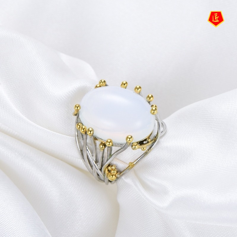 [Ready Stock]Fashion Personality Inlaid Moonstone Silver Ring Women