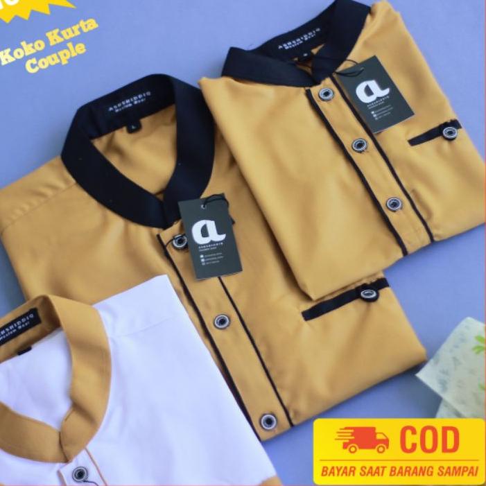 ZM81⇝ Baju Koko Kurta Pria Couple Ayah dan Anak laki laki Mustard putih Lengan 3/4 Bahan Toyobo Roya