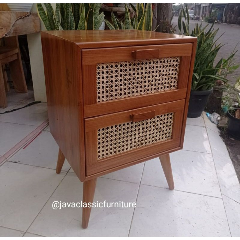 NAKAS RETRO ROTAN MINIMALIS PUK VINTAGE LACI 2 BAHAN KAYU JATI UKURAN 40x50x60cm-4