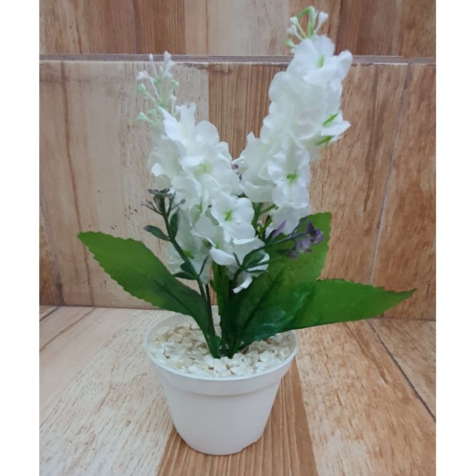 Bunga Hias Set + Pot Bunga Mawar Artificial / Bunga Plastik / Mawar Vas-Lavender (set) Putih