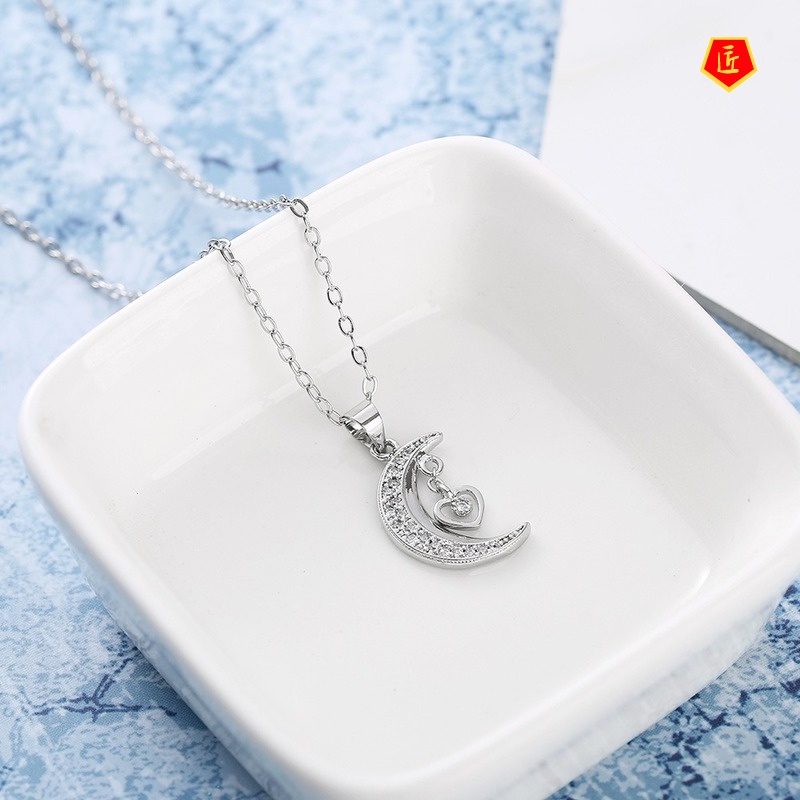 [Ready Stock]New Moon Diamond Pendant Ring Ear Stud Necklace Suit