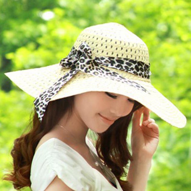 topi pita leopard / leopard bow straw sun hat (1A3) JTO013