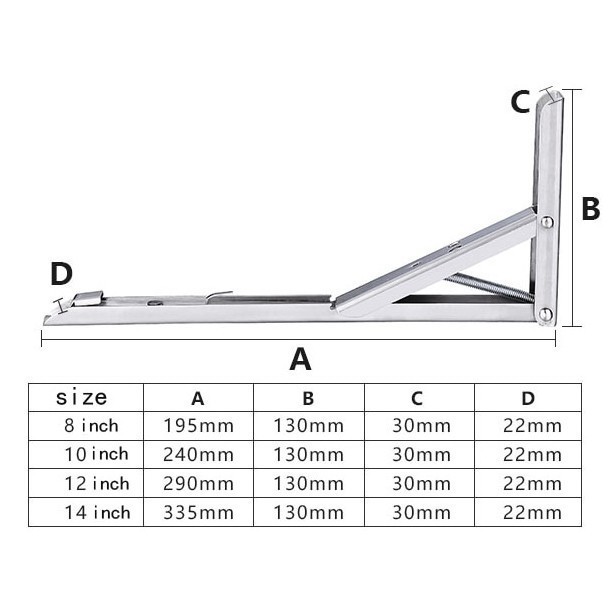 Bracket Engsel Folding Stainless Steel Max Load 65kg 8 Inch 2 Pcs