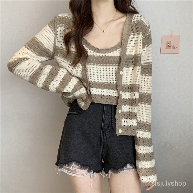 #Sisjuly# Wanita Pakaian Rajut Bahasa Perancis Hollow Bergaris Cardigan Bagian Tipis Sling Dua Poton