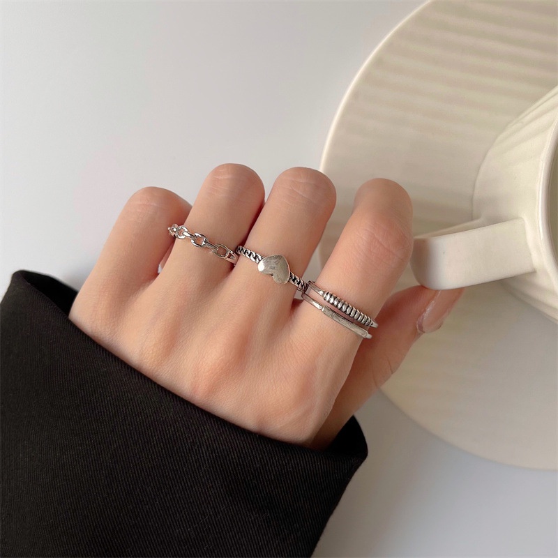 YEEZII 3pcs / Set Cincin Model Terbuka Adjustable Desain Hati Warna Silver Gaya Retro Untuk Wanita