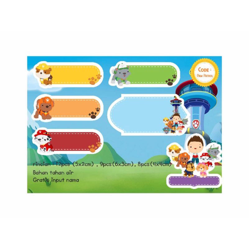 

STICKER LABEL NAMA CUSTOM character PAW PATROL